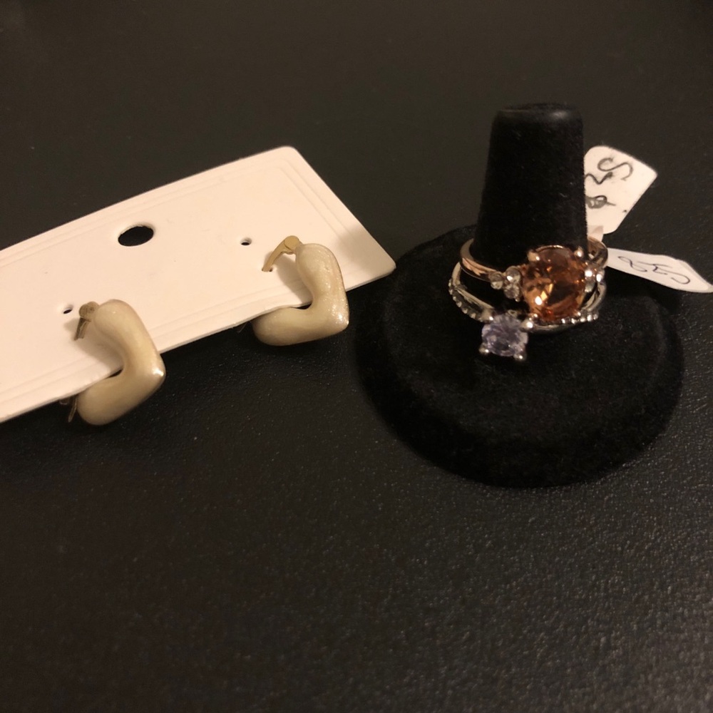 Gold-Tone Earrings in Cream Hoop Style and Two Fashion Rings
